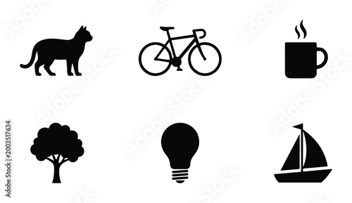 Photos Minimalist black silhouette icon set, 6 lifestyle vector elements including cat,
