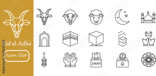 Eid al-Adha Icon Set: Minimalist Line Art Icons for Islamic Festival, Qurbani Sacrifice, Hajj, Kaaba, Mosque, Zakat, and Muslim Religious Celebration Elements (Vector)