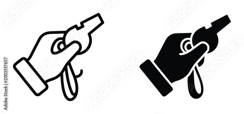 Referee hand holding whistle icon set, sports coach or trainer signaling with whistle vector, black and white outline and silhouette graphics