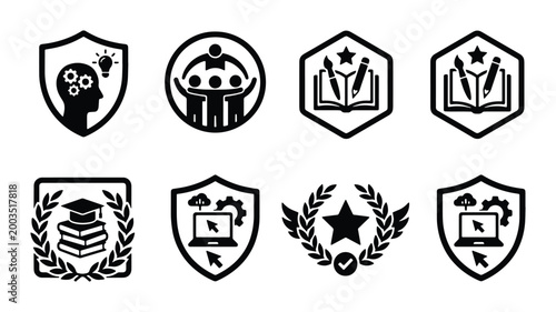Educational achievement icons set, academic success and learning symbols, professional certification and training emblems, 8 black vector signs