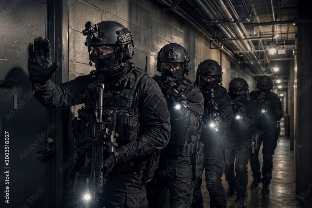 Fototapeta premium Soldiers in black tactical uniform clearing building corridor. Special forces team moving in formation during covert operation. Military group with rifles and night vision