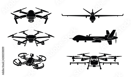 Military drone silhouettes and commercial UAV icons set. Black unmanned aerial vehicle vector collection. Professional quadcopter and hexacopter graphics.