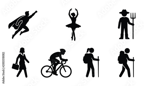 Black silhouette people icons set, diverse human figures and professions vector collection, superhero ballerina farmer and business woman symbols