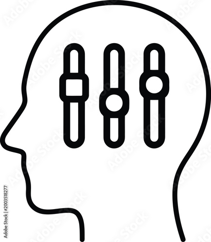 Fotografie Minimalist vector illustration of a human head profile containing vertical adjustment sliders to represent concepts of self management and mental emotional control