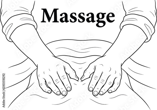 A professional vector graphic illustration showing a set of human hands performing a soothing therapeutic massage on a person's upper back area.