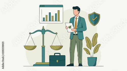 Business and Legal Services Concept with Man, Scales of Justice and Data