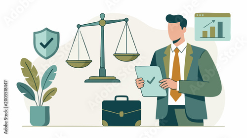 Professional Man with Legal and Business Icons Representing Compliance and Growth
