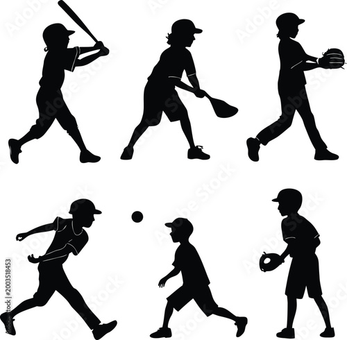 Collection of Youth Baseball Player Silhouettes in Various Action Poses