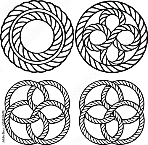 Set of Circular Nautical Rope Borders and Intertwined Celtic Knot Ornaments
