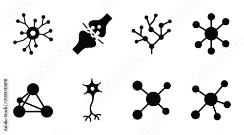 Human neuron and synapse icons set, 8 black vector brain cell symbols, molecular structure and neural network connection graphics for medical research