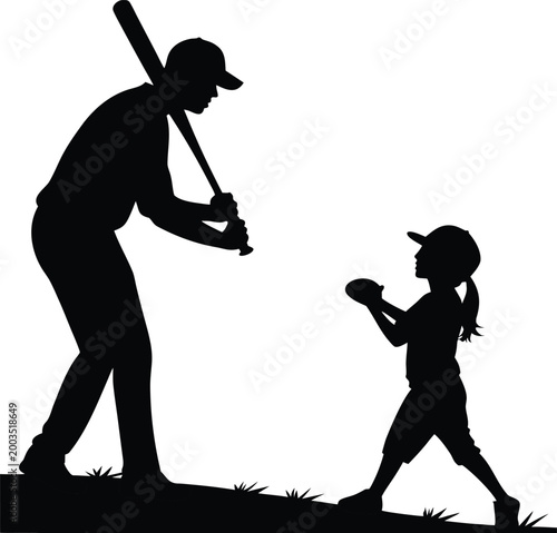 Father and Daughter Playing Baseball Silhouette