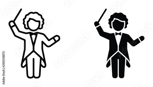 Orchestra conductor icon set, symphony music director in tuxedo with baton, classical musician vector illustration in line and silhouette styles