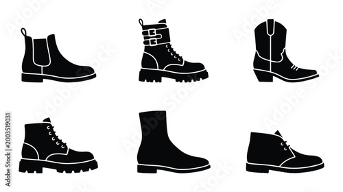 Minimalist black footwear icons set, collection of 6 boots vector silhouettes, stylish autumn and winter shoes for fashion retail and web design