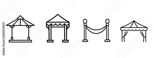 Event tent line icons set canopy gazebo outdoor exhibition pavilion party shelter wedding marquee & more vector illustration with editable stroke.