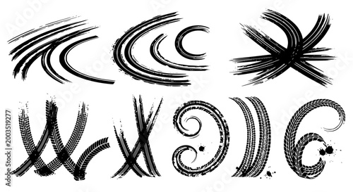 Tire tread marks after skidding, launch, drift, powerslide in motorsport, rally, off-road, motocross. Wheel texture with splash effect. Vector, transparent background SVG version.