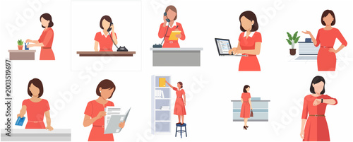Set of Flat Vector Illustrations of a Professional Female Secretary or Receptionist Performing Daily Office Tasks