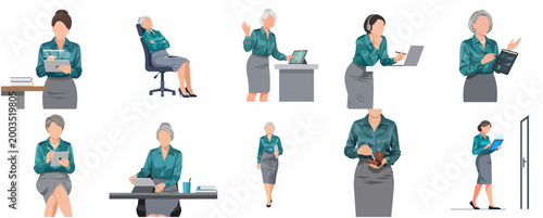 Professional Businesswoman Character Set in Various Office Poses and Activities