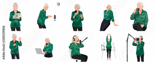 Senior Woman Podcaster and Content Creator Character Set, Flat Vector Illustration of Elderly Lady Recording Podcast, Hosting Show and Using Technology