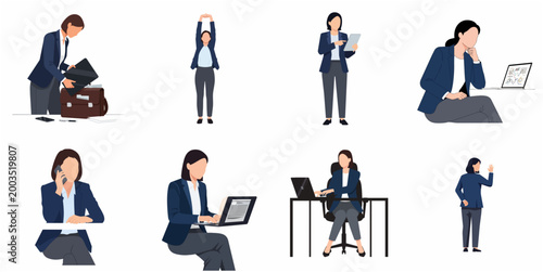 Set of Businesswoman Illustrations in Various Professional Activities, Flat Vector Character Design for Office and Corporate Work Concepts