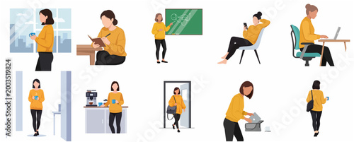 Set of flat vector illustrations of a woman in various daily activities, working, studying, and relaxing at home and office