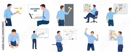 Project Management and Agile Workflow Character Set with Businessman Using Kanban Board, Sticky Notes, and Laptop for Task Organization and Productivity