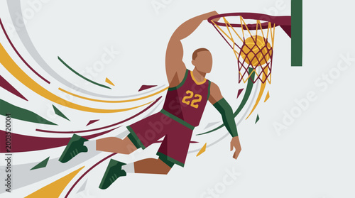 Basketball player in mid-air dunking the ball, dynamic sports illustration