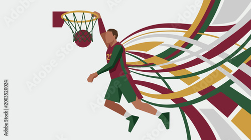 Dynamic geometric illustration of a basketball player making a slam dunk