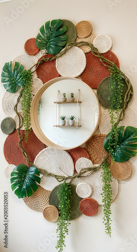 Decorative boho wall hanging with round woven mats and hanging monstera plant leaves.