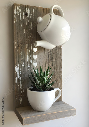 Side view of floating teapot wall sculpture with succulent plant.