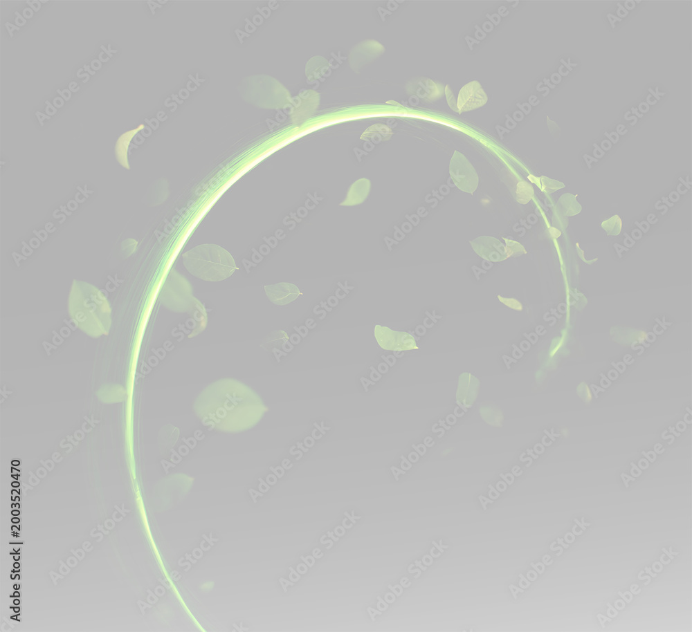 Fototapeta premium Magical leaves arc with radiant stardust and sparkling glow. Dynamic green leaf vortex with shimmering energy waves and flowing wind.