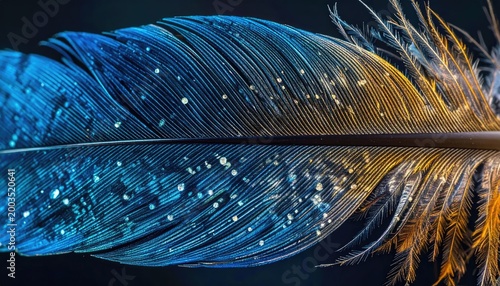 Close up of a vibrant blue and gold feather with detailed textures against dark background