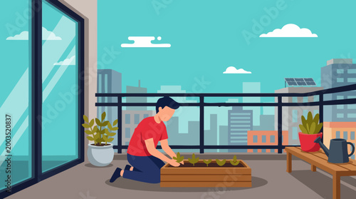 Man planting seedlings in a balcony garden, urban farming illustration