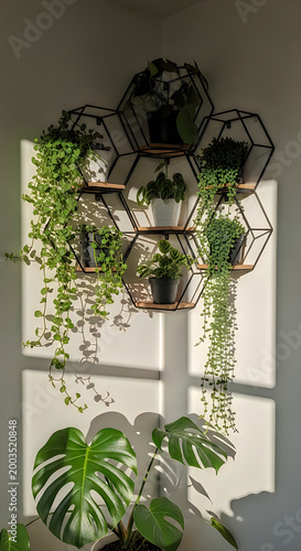 Indoor greenery display with plants in geometric wall shelves.