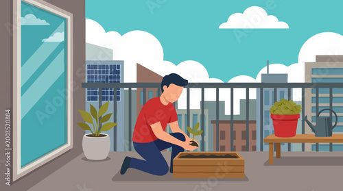 Man planting a seedling on a city balcony, urban gardening illustration