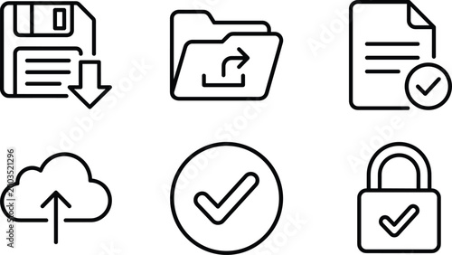 Fotografie Digital storage, data management, cloud computing, file transfer, secure backup, technology interface, folder export, floppy disk save, document verification, icon set