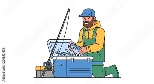 Fisherman holding fish next to cooler with tackle box and fishing rod
