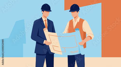 Two male construction professionals reviewing architectural plans