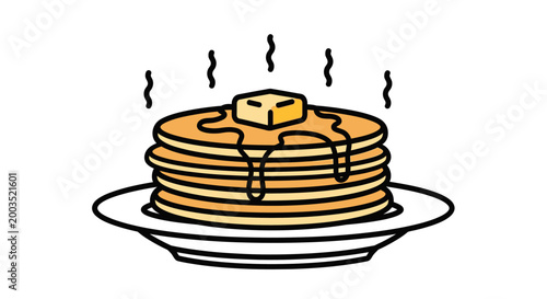 Stack of fresh pancakes with butter and syrup on a white plate