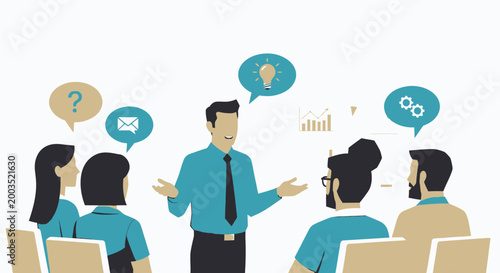 Team meeting discussion illustration with speech bubbles for business communication