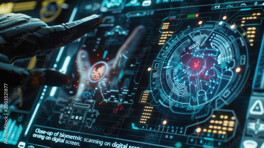 Fototapeta premium futuristic digital brain hologram scanning data on control panel screen