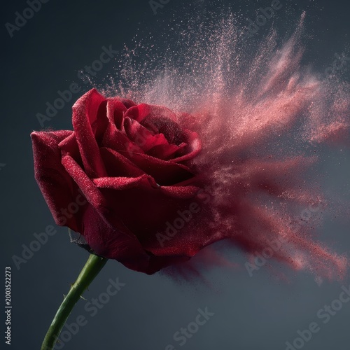 Exploding Red Rose with Pink Dust on Dark Background