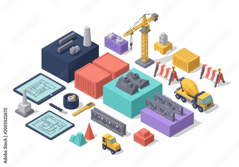 Fototapeta premium Isometric construction elements and blueprints for building projects, representing planning and development.
