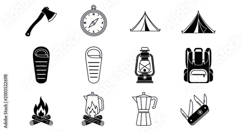 Camping equipment icons set isolated