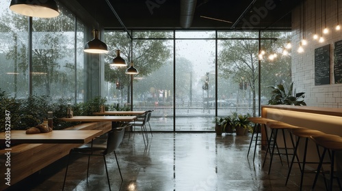 Rainy Day Cafe Interior with Large Windows and Street View