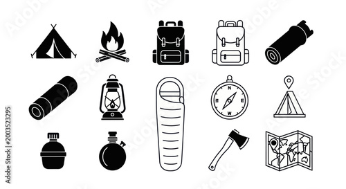 Camping equipment set in monochrome