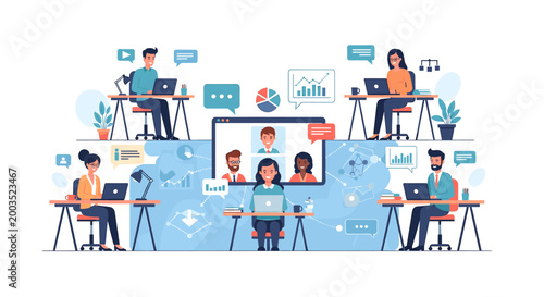 People working in a modern office environment with a central video conference call, illustrating hybrid work and collaboration.