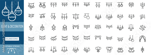 Event decoration line icons set party celebration Christmas ornament hanging lamp lantern garland balloon heart bell & more vector illustration with editable stroke.