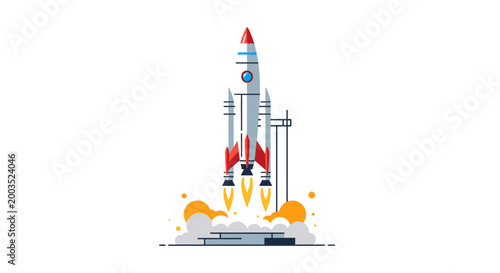 Cartoon rocket launching into space with smoke and flame illustration