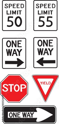 Street Signs with hand drawn lettering, not designed to meet any regulations, icons, road signs, speed limit, stop, yield, one way, arrows, signs, 