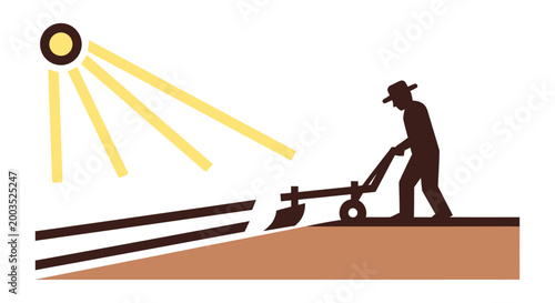 Farmer plowing field under sunlight agricultural vector illustration